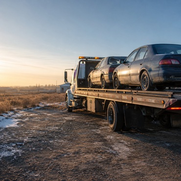 Junk cars loaded onto a flatbed tow truck