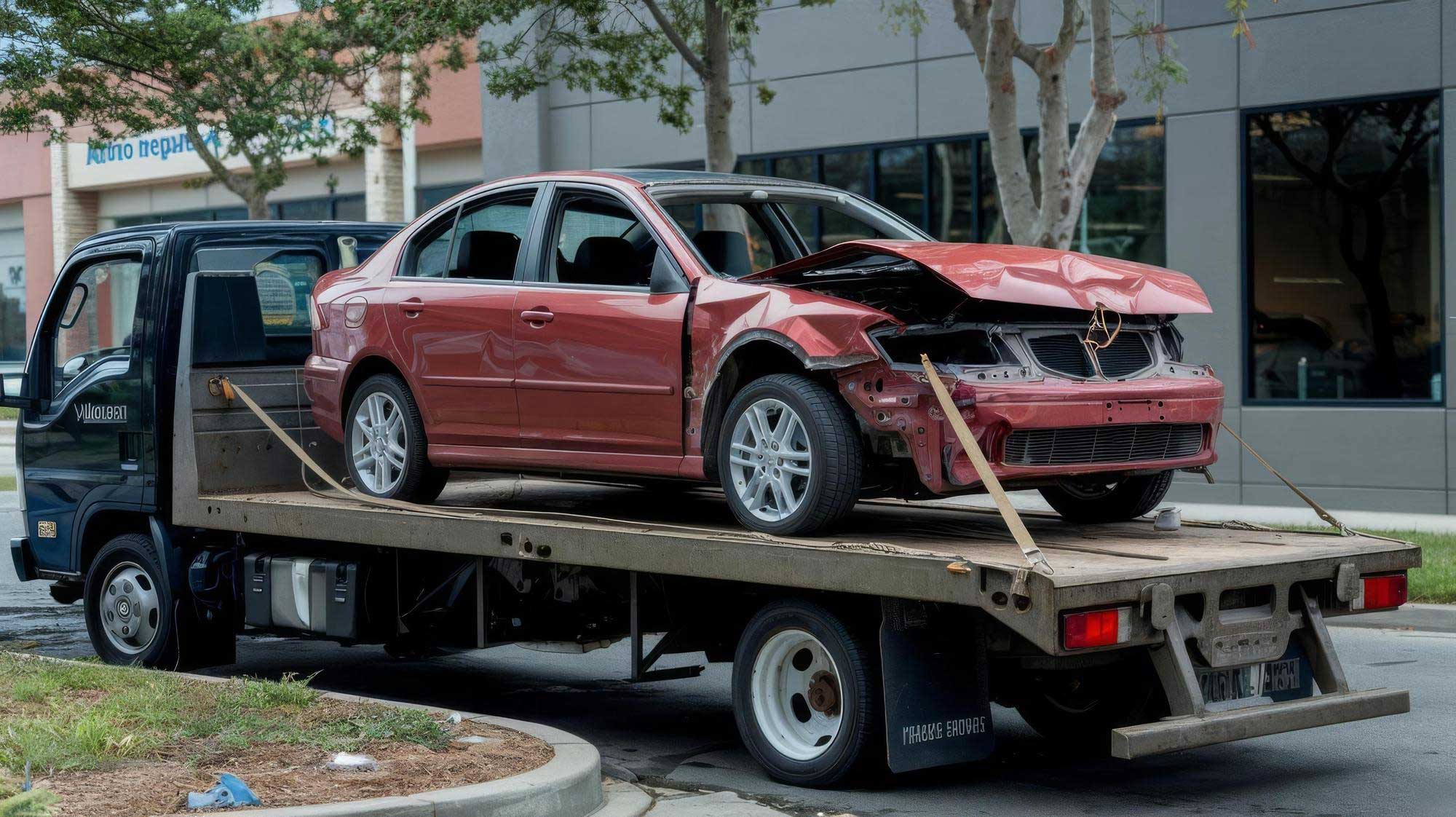 Damaged red sedan strapped onto a flatbed tow truck